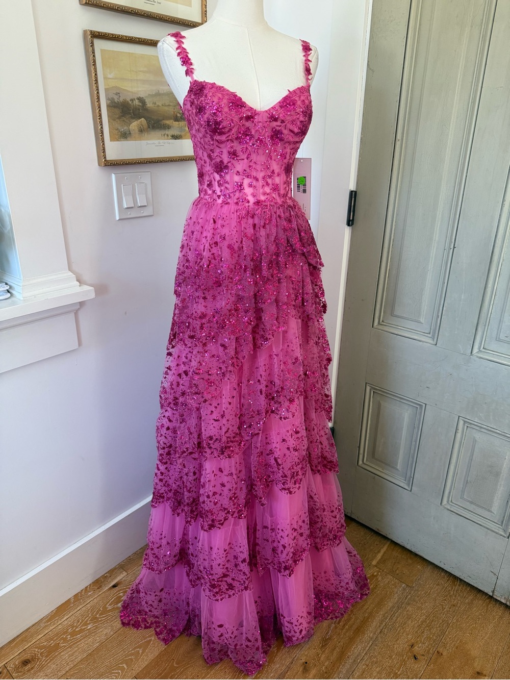 NWT Jovani Ballgown in Tiered Fuschia Pink Barbie Sparkle Dreams - Picture 3 of 10